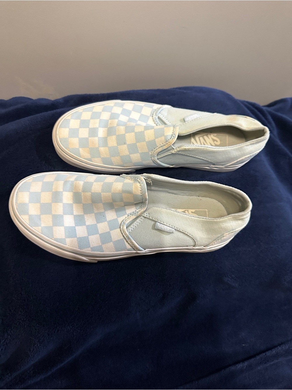 Vans Womens Checkerboard Slip-On Sneakers - Light Blue and White - Picture 1 of 3